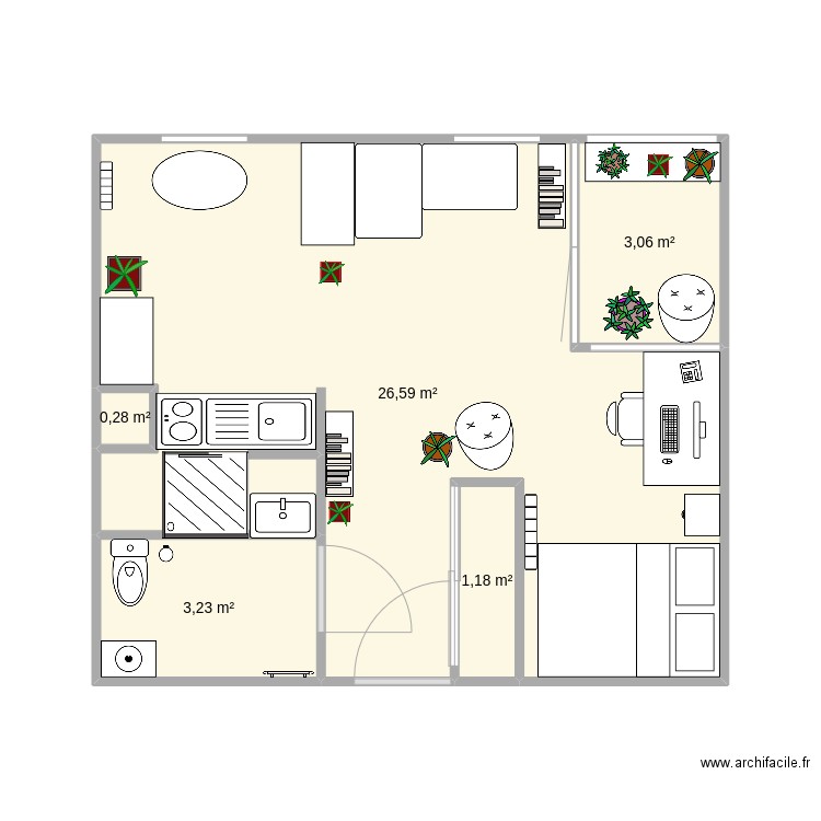 Aménagement appart. Plan de 5 pièces et 34 m2