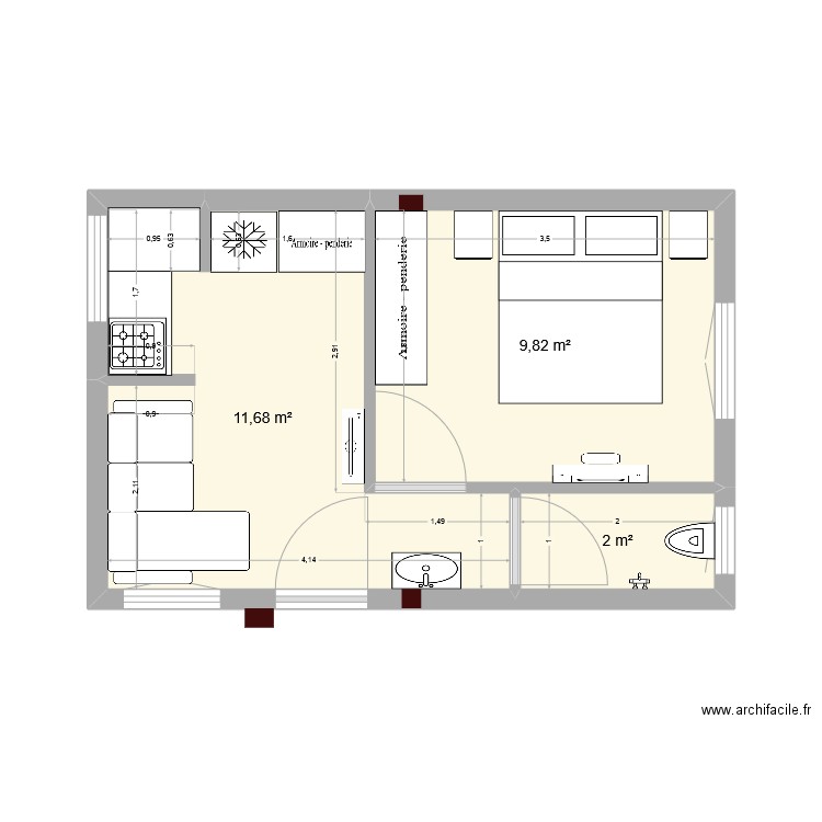 STUDIO2. Plan de 3 pièces et 23 m2