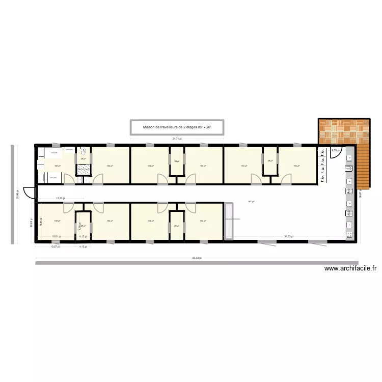 Maison travailleurs 2 &eacute;tages de 20 (40 travailleurs). Plan de 18  et 196 m²