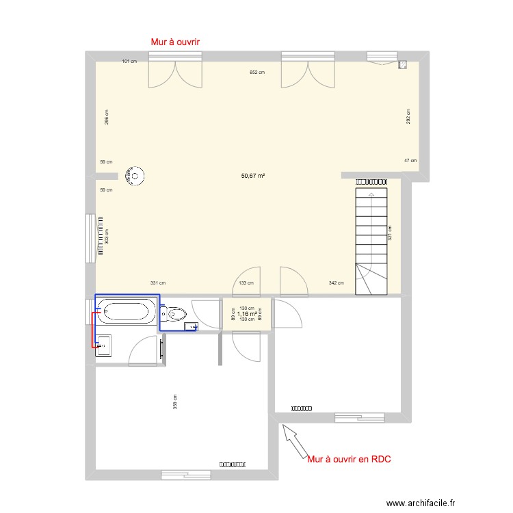 PROJET BOULON Plomberie. Plan de 2 pièces et 52 m2