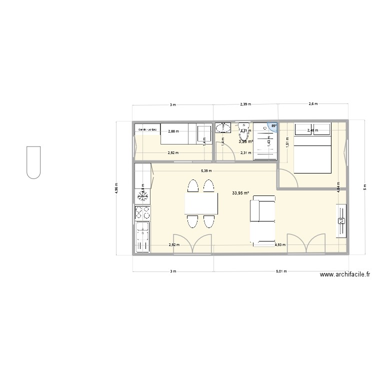 5x8. Plan de 2 pièces et 37 m2