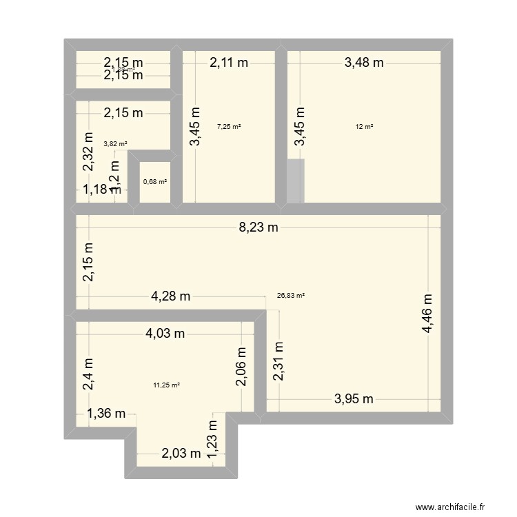 15 BF. Plan de 7 pièces et 64 m2