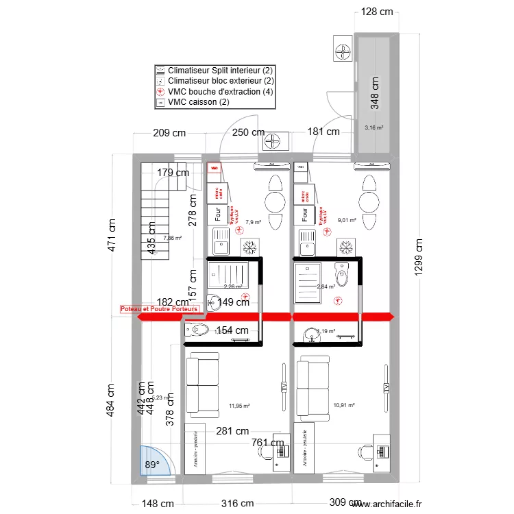 immeuble1 RDC Chauff  V1 2 studios. Plan de 