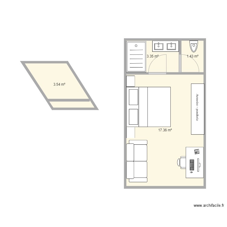 chambre hotel 2. Plan de 4 pièces et 26 m2