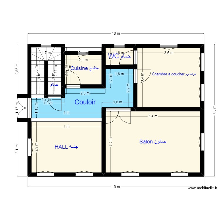 Plan 10X7.5 Client 44 57 20 01. Plan de 8 pièces et 62 m2