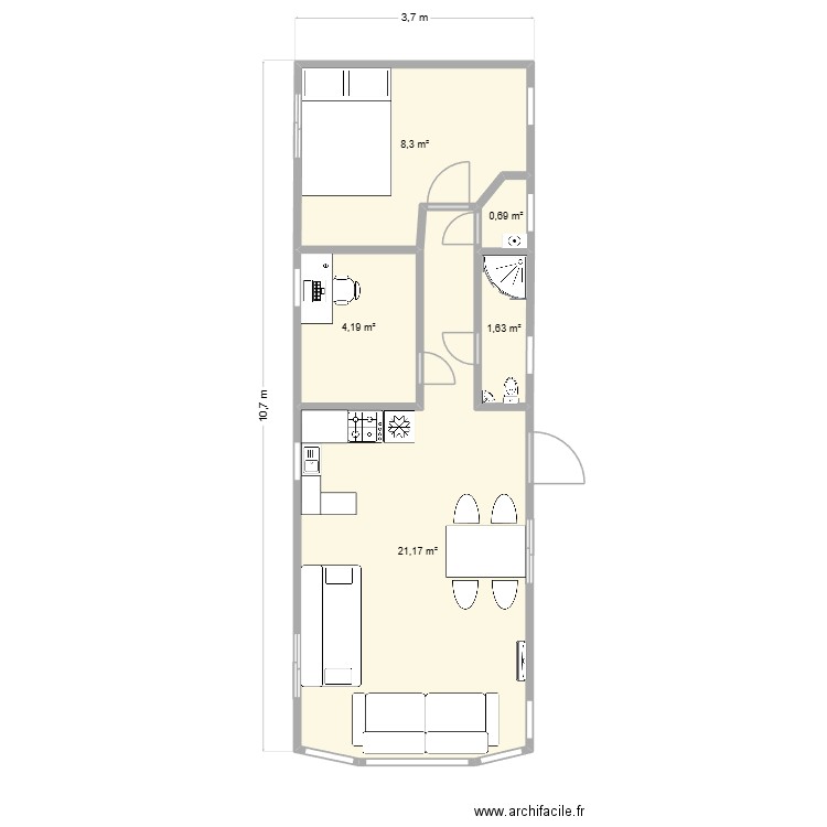 caravan. Plan de 6 pièces et 36 m2