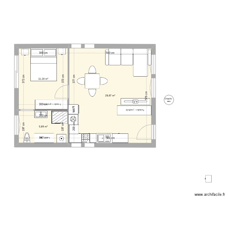 maison carrée. Plan de 3 pièces et 46 m2