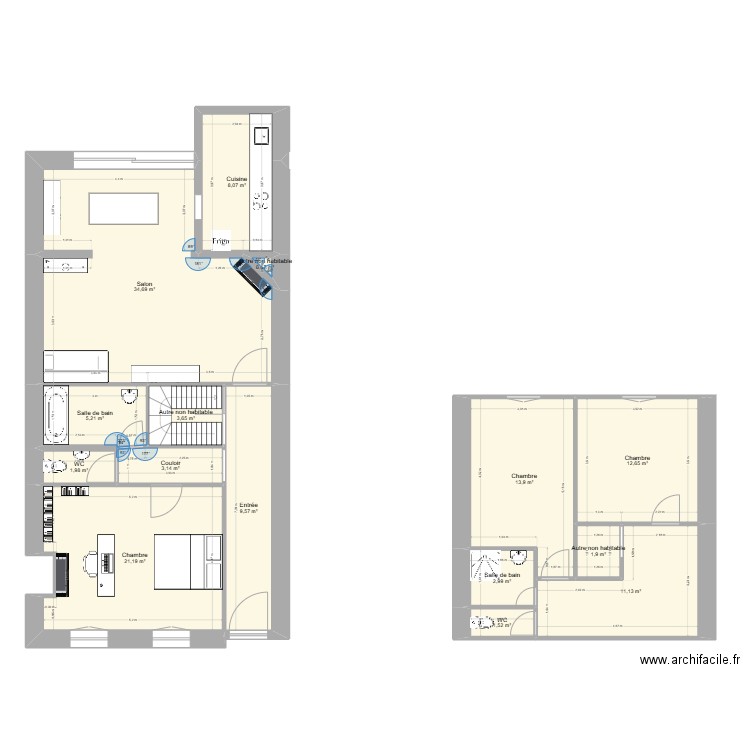 Maison. Plan de 15 pièces et 132 m2
