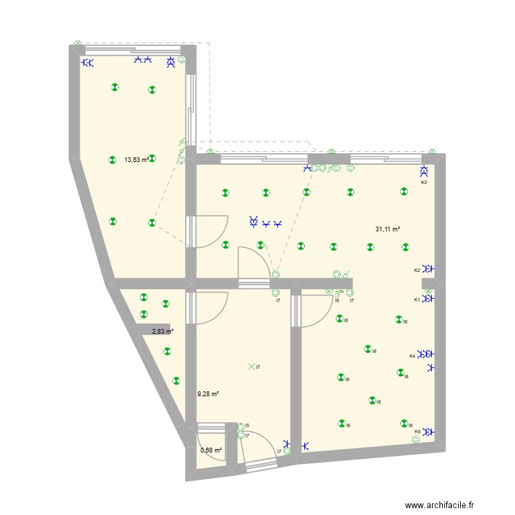 Rez-de chaussée. Plan de 5 pièces et 58 m2