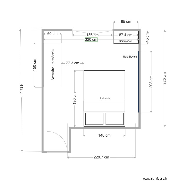 Chambre PLAN v3 BL. Plan de 1 pièce et 11 m2