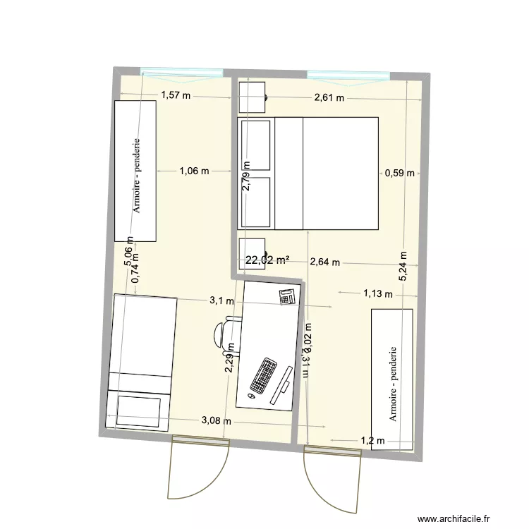 Chambre 1 apparte saint savournin. Plan de 1  et 22 m²