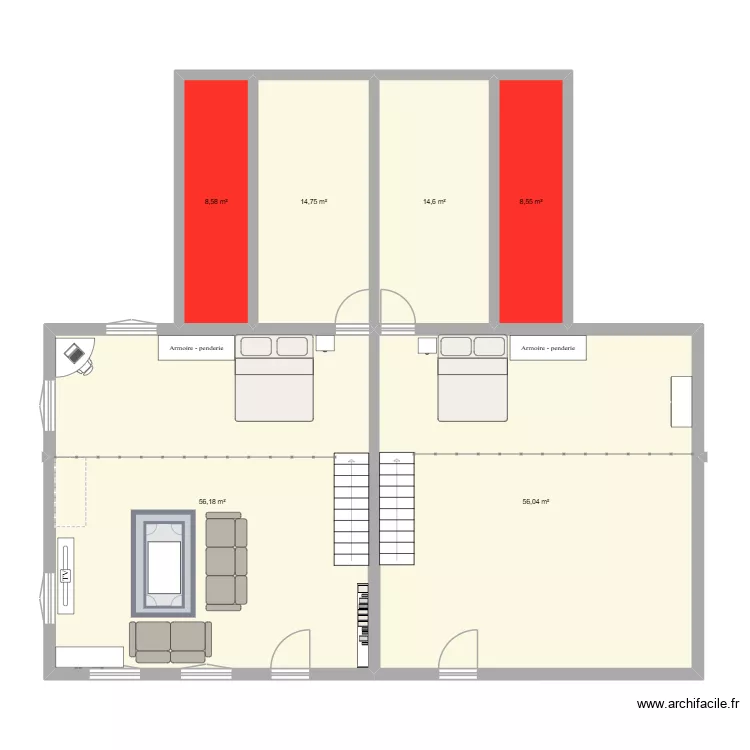 etage chalets mitoyens. Plan de 6  et 159 m²