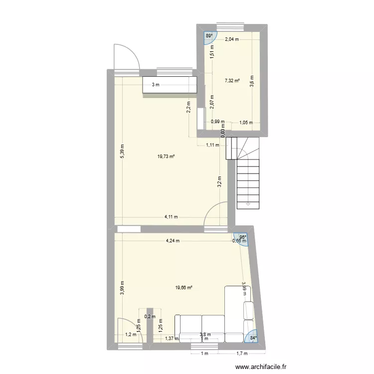 dour. Plan de 3  et 47 m²