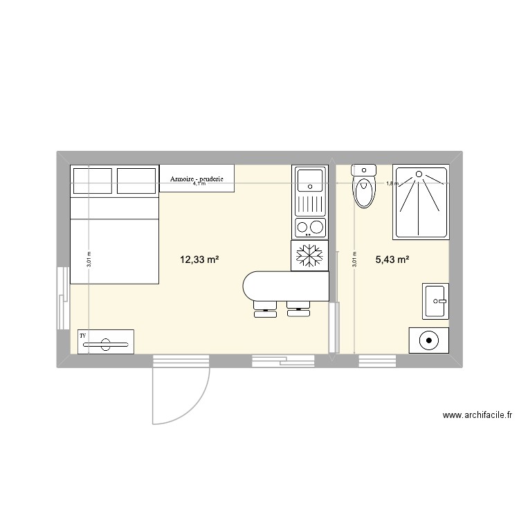 Modulaire 1. Plan de 2 pièces et 18 m2