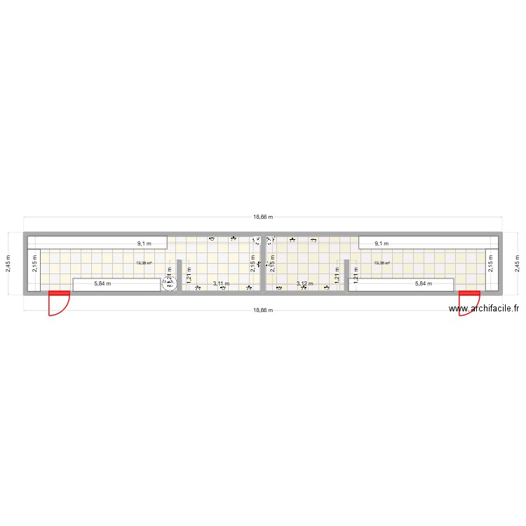 Vestaires ASL. Plan de 2 pièces et 39 m2