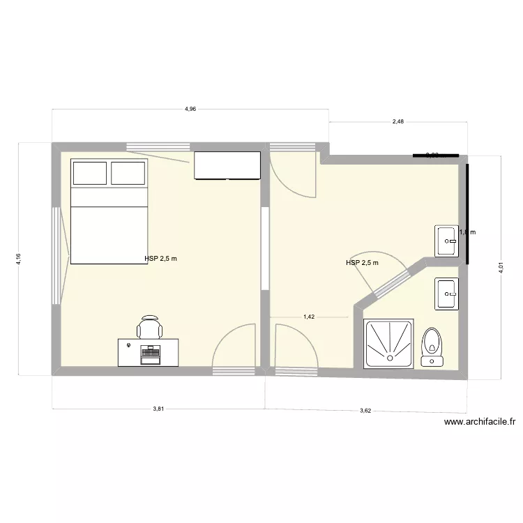 Chambre Salon Eliaz. Plan de 2  et 26 m²