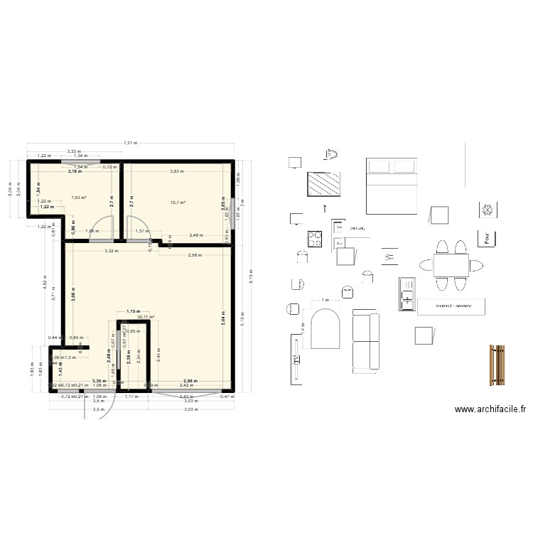 T2 - RDC v3. Plan de 3 pièces et 48 m2