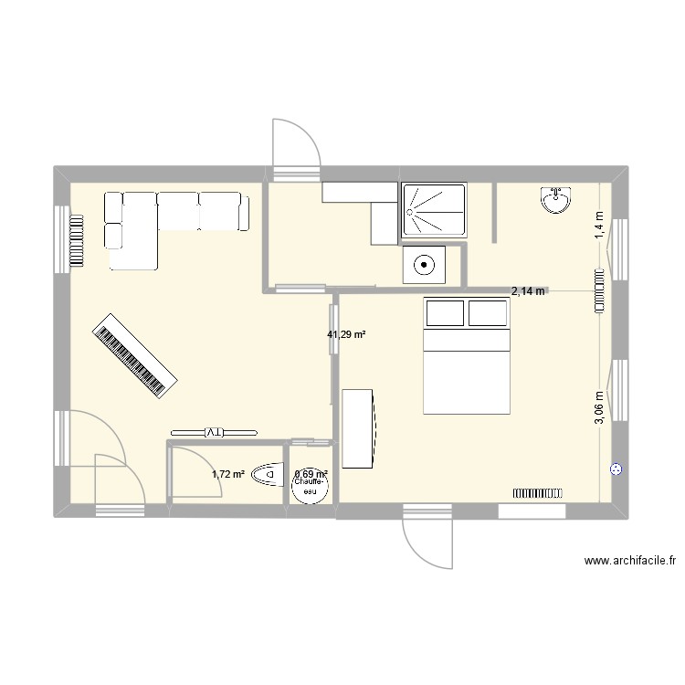 salle tele. Plan de 3 pièces et 44 m2