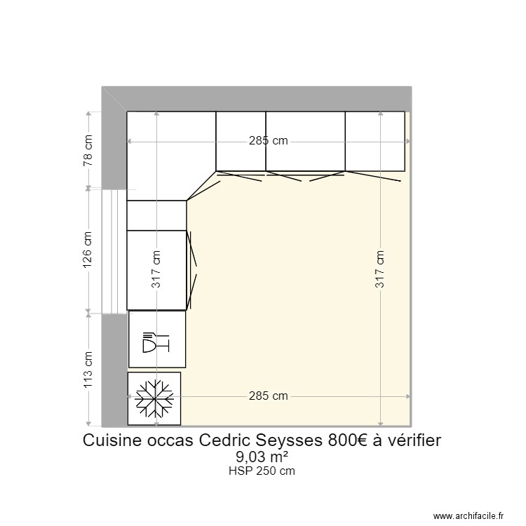cuisine occas Cedric Seysses. Plan de 1 pièce et 9 m2