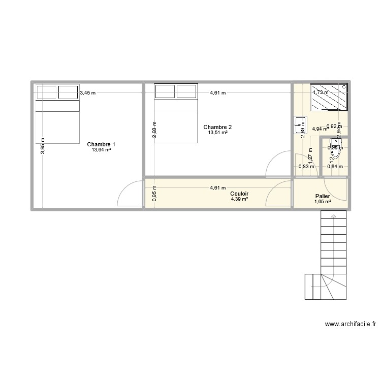 Combles3. Plan de 5 pièces et 38 m2