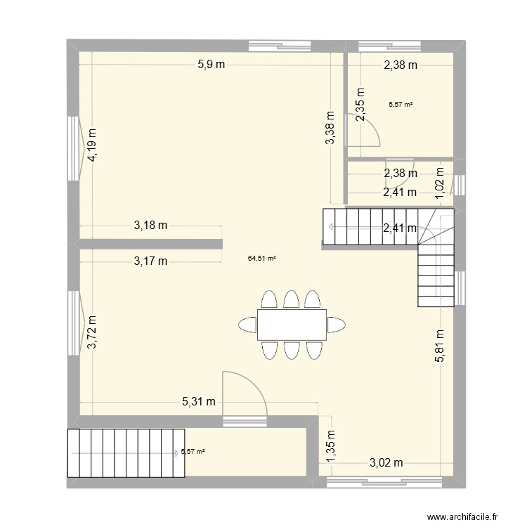 rdc. Plan de 3 pièces et 76 m2