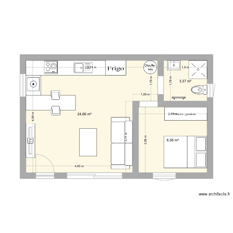Studio. Plan de 3 pièces et 37 m2