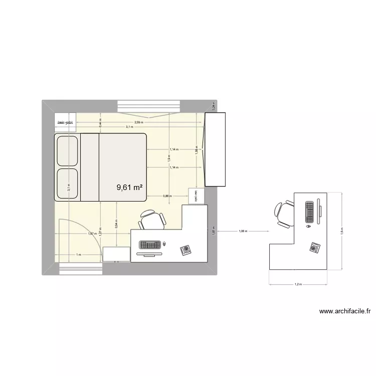 chbre S2. Plan de 1 Pièce et 10 m²