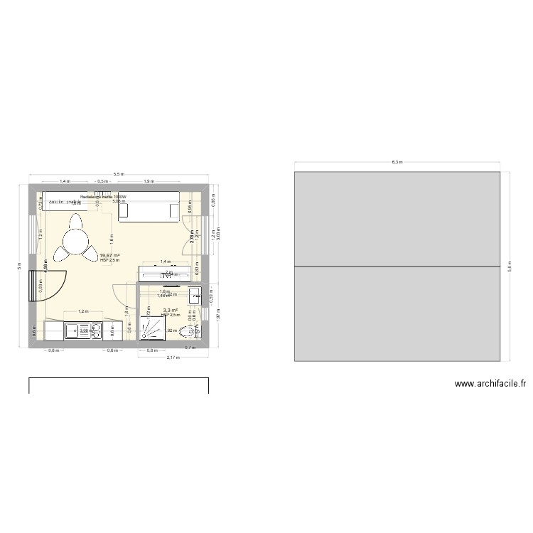 Abri jardin*. Plan de 2 pièces et 23 m2