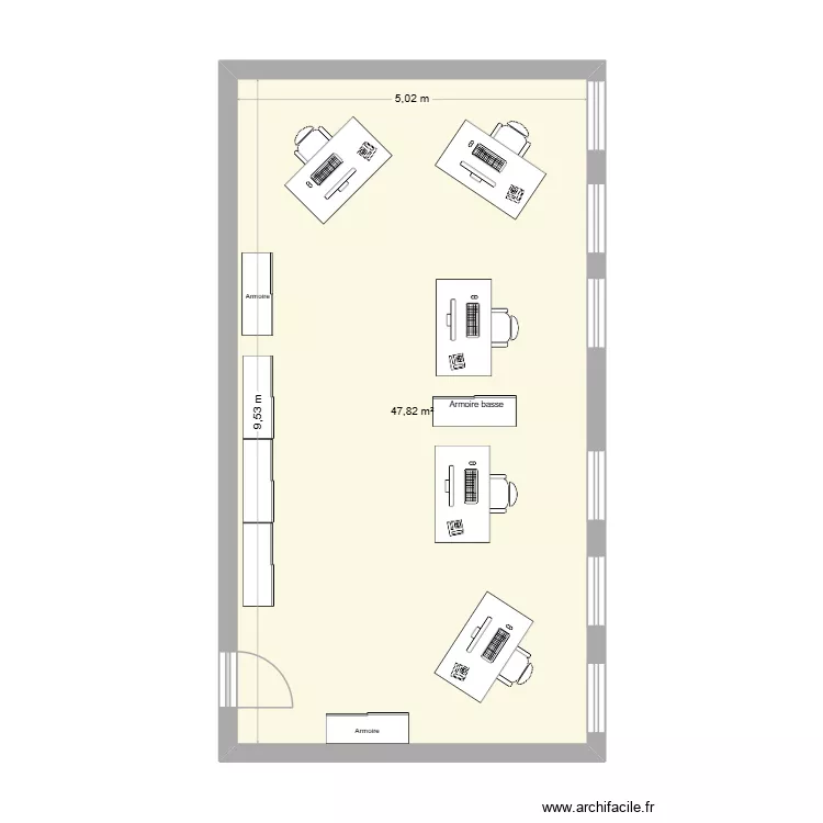 Organisation bureau. Plan de 1  et 48 m²