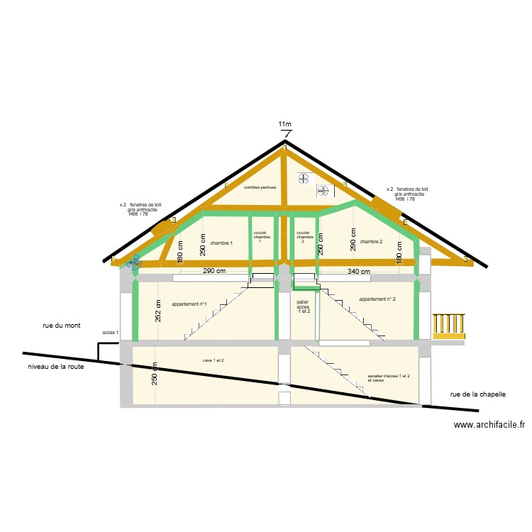 coupe 1. Plan de 24 pièces et 85 m2