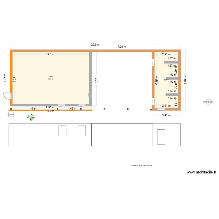 Atelier. Plan de 2 pièces et 77 m2