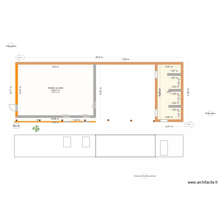 Atelier. Plan de 2  et 77 m²