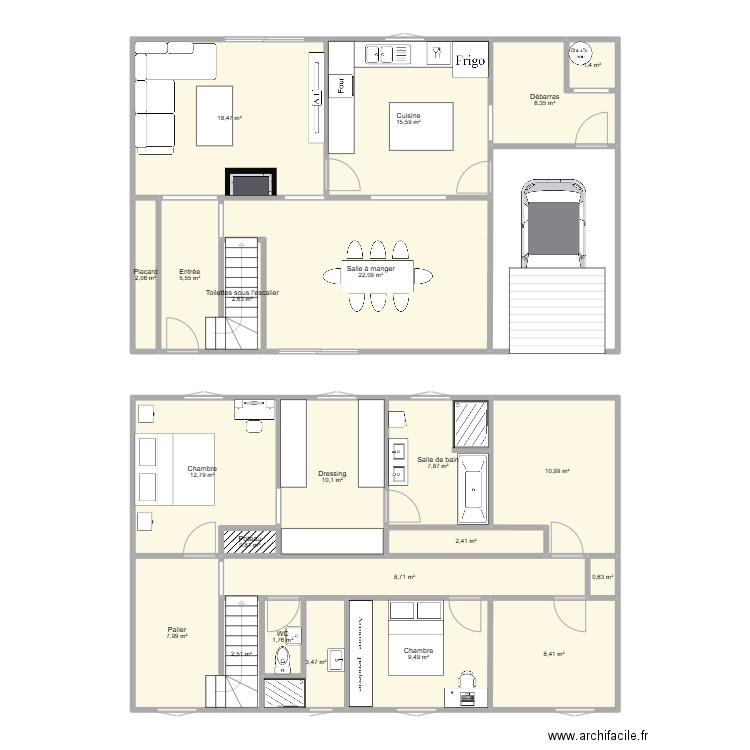 Projection. Plan de 22 pièces et 162 m2