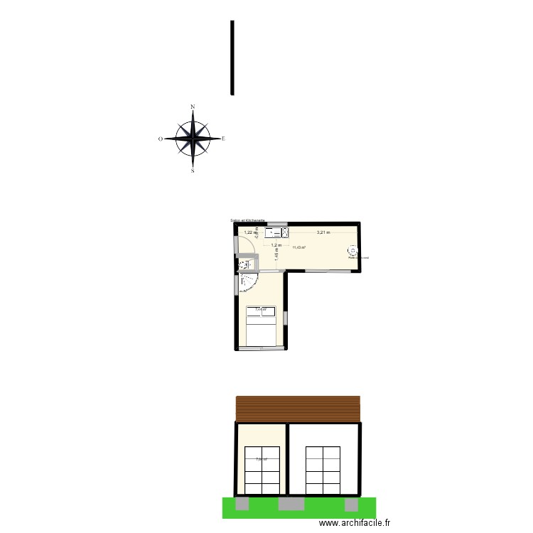 Lacaze vue sud. Plan de 4 pièces et 46 m2