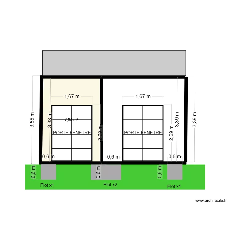 Lacaze vue sud. Plan de 2  et 27 m²
