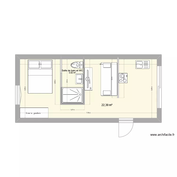 Studio bis juin 26. Plan de 2  et 25 m²