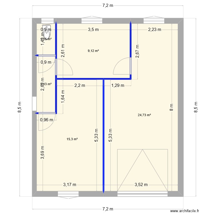 essai. Plan de 5 pièces et 53 m2