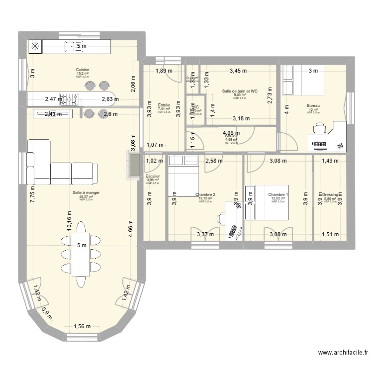 PLAN  MAISON GALLINEAU RDC avec aménagement. Plan de 12 pièces et 134 m2
