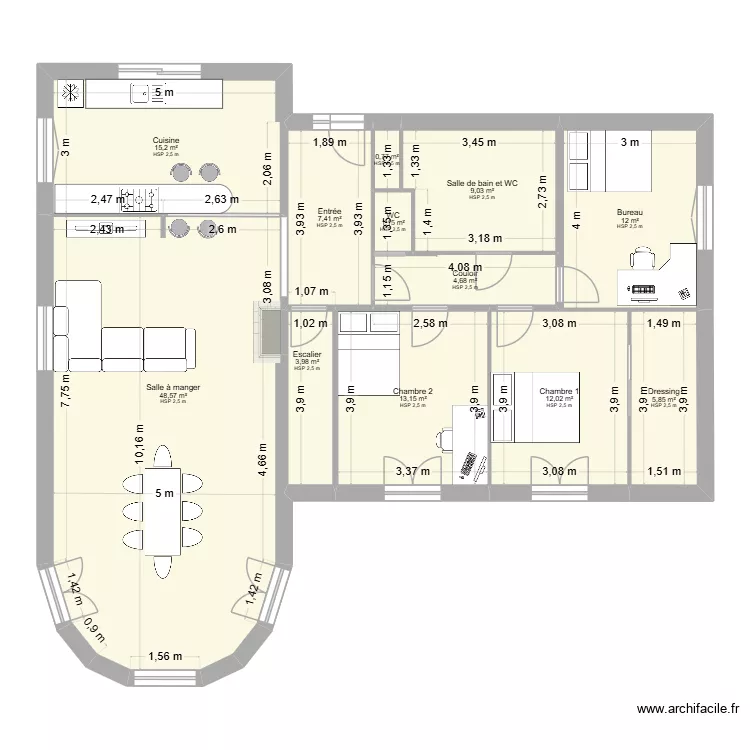 PLAN  MAISON GALLINEAU RDC avec am&eacute;nagement. Plan de 12 pièces et 134 m²