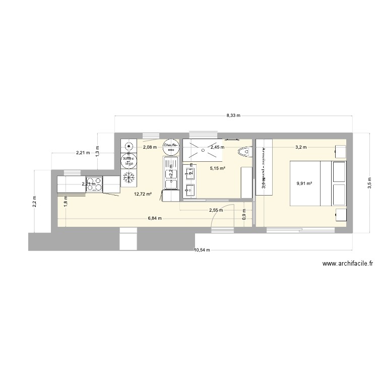 extension avec chambre_V3. Plan de 3 pièces et 28 m2