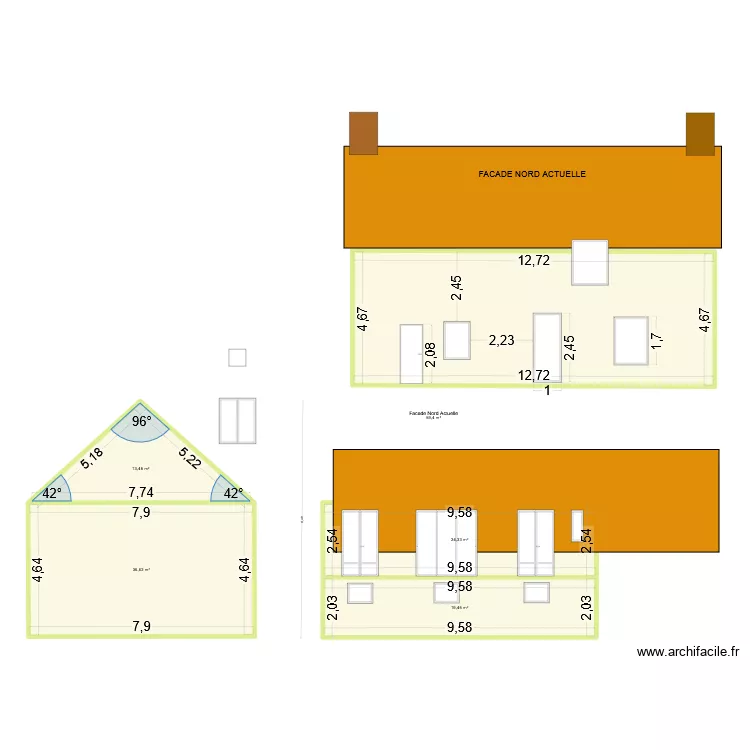 facade 1. Plan de 5  et 153 m²