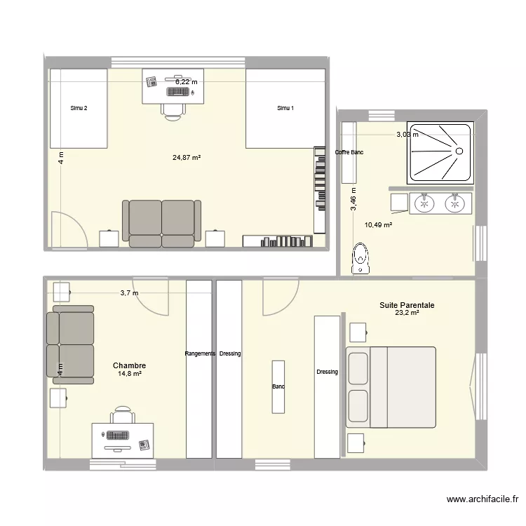 Suite parentale + 1 Chambre + Simu. Plan de 4 et 73 m² Suite parentale + 1 Chambre + Simu. Plan de 4 et 73 m²