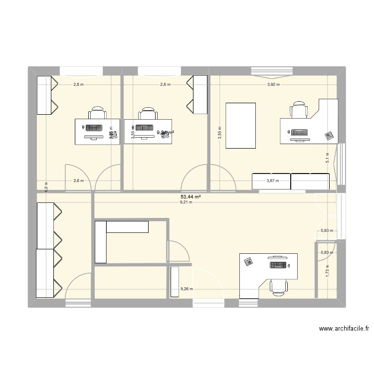 bureau. Plan de 2 pièces et 63 m2