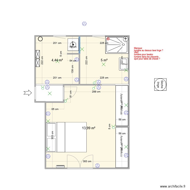Chambre avec dressing (LV ds cellier). Plan de 3 pièces et 23 m2