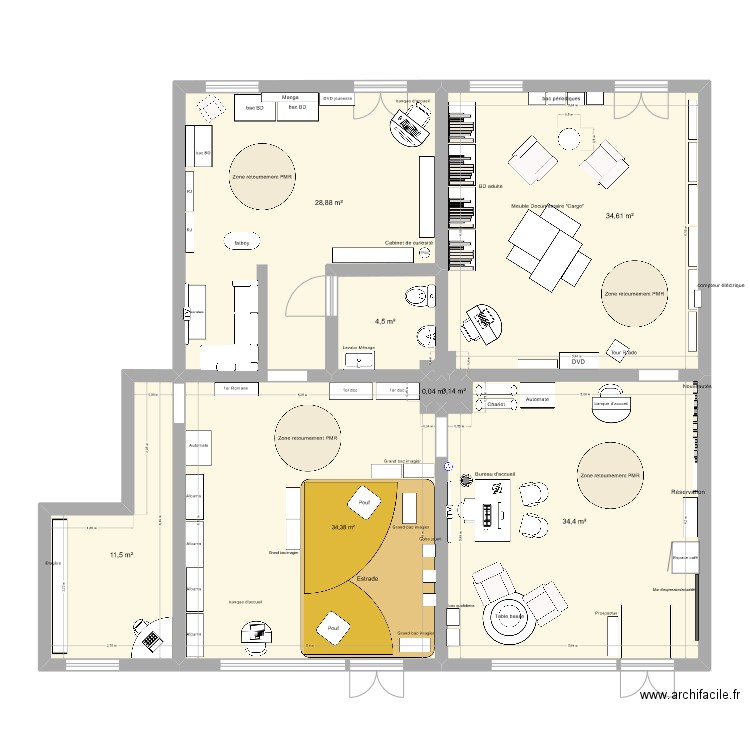 Médiathéque éphémère Aménagement 3 - Gammes. Plan de 8 pièces et 148 m2