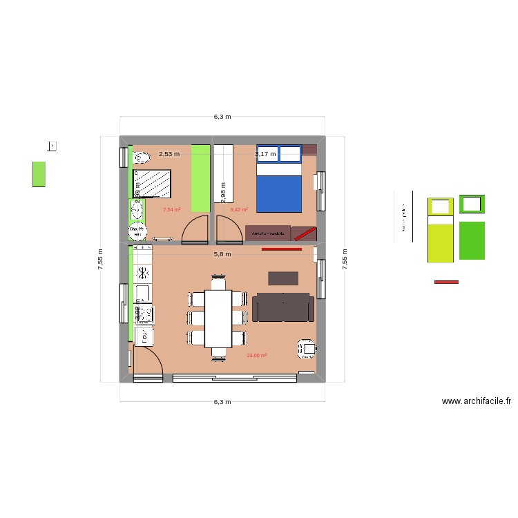 new1ch 40m2. Plan de 3 pièces et 40 m2