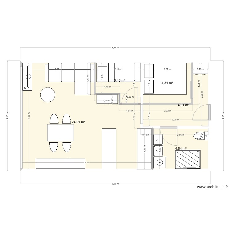 La Panne 2. Plan de 5 pièces et 42 m2