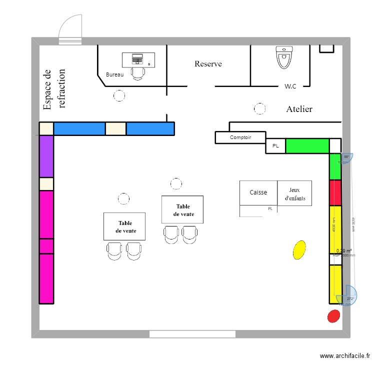 opticien. Plan de 17 pièces et 9 m2