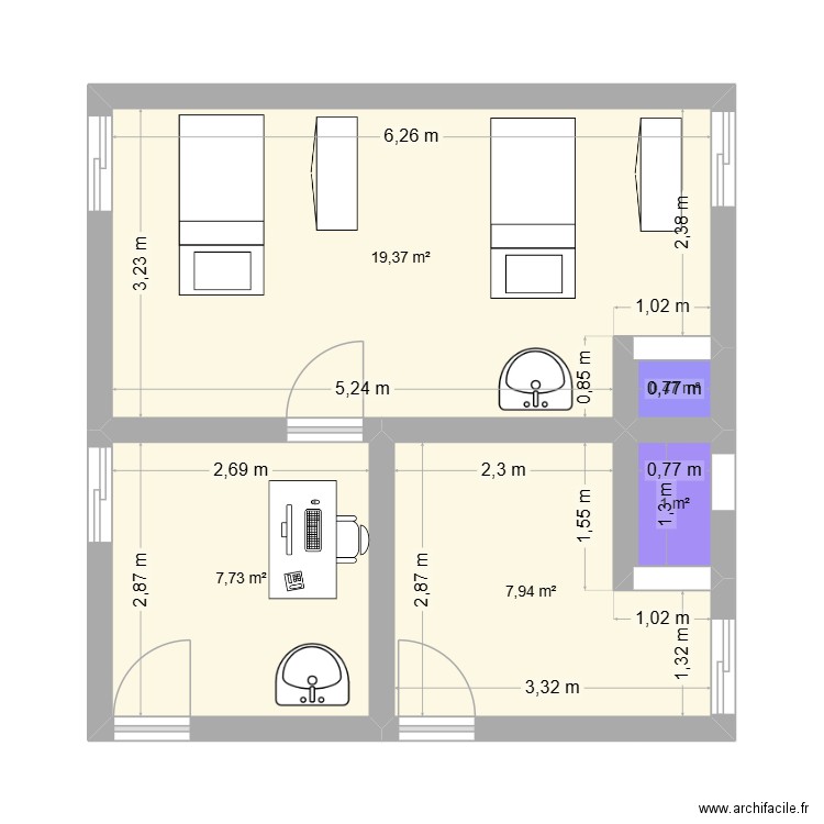 Bloc infirmerie. Plan de 5 pièces et 37 m2