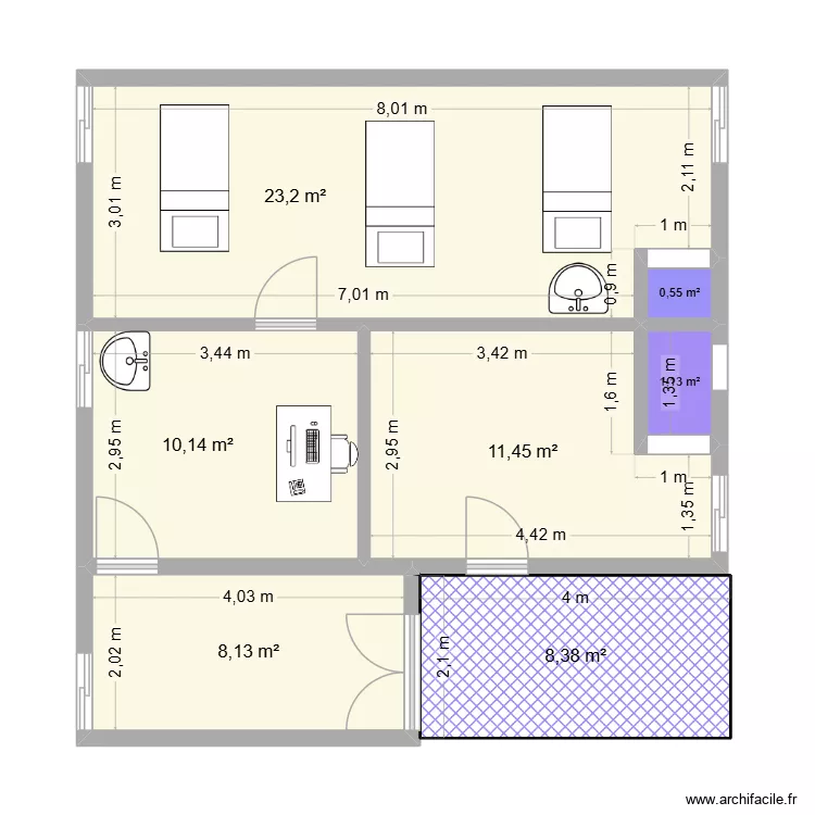 Bloc infirmerie. Plan de 7 pièces et 63 m²